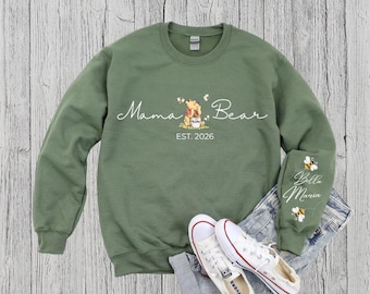 Mama Bear Sweatshirt, Personalized Mom Sweatshirt, Custom Kid Name Sleeve Hoodie, Mother's Day Gift, New Mom Sweatshirt, Mama Est Shirt