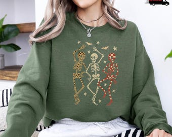 Retro Dancing Skeleton Sweatshirt, Halloween Skeleton Sweatshirt, Cool Skeleton Graphic Sweater, Halloween Gifts, Fall Halloween Sweatshirt
