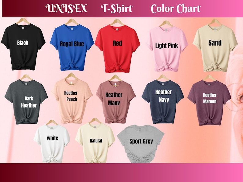 以下が含まれることがあります： 黒、ロイヤルブルー、赤、ライトピンク、サンドなど、さまざまな色のユニセックスTシャツのカラーチャート。その他の色は、ダークヘザー、ヘザーピーチ、ヘザーモーブ、ヘザーネイビー、ヘザーマルーン、白、ナチュラル、スポーツグレーです。