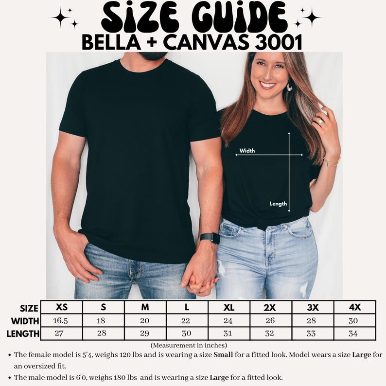 Puede incluir: Gu&iacute;a de tallas para camisetas Bella + Canvas 3001. La imagen muestra a un hombre y una mujer con camisetas negras. Una tabla de tallas muestra las medidas en pulgadas para las tallas XS a 4XL. La modelo femenina mide 1,63 m y usa una talla Small para un look ajustado.