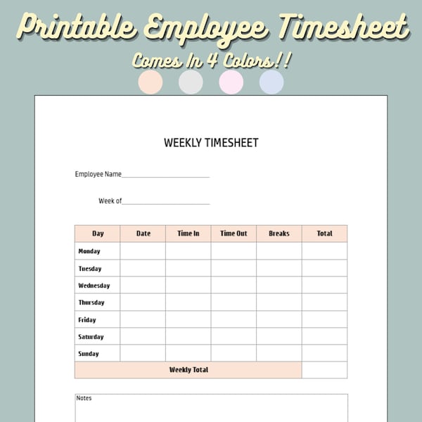 Printable Employee Time Sheet | Weekly Time Tracker Template | Blue Gray Orange Pink Timesheet | Work Log | PDF Digital Download Time Card