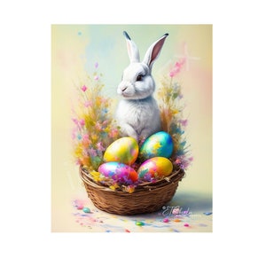 May include: A white rabbit sits in a woven basket with colorful Easter eggs. The basket is surrounded by pastel flowers and a light yellow background.