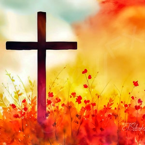 May include: A watercolor painting of a black cross standing in a field of red and orange flowers against a yellow and blue sky.