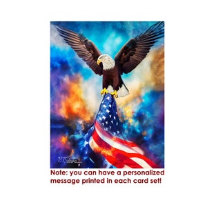 May include: A bald eagle with outstretched wings perched on a waving American flag. The eagle and flag are set against a colorful watercolor background.