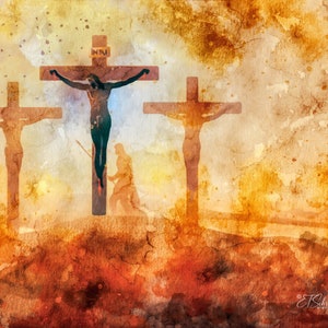 Lent/Easter-centric Calvary Crucifixion | 3 symbolic crosses | majestic religious watercolor effect | blank card set | 5.5"X4.25"