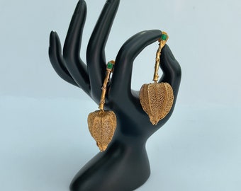 Real leaf Earrings, 24k gold leaf earrings, gold dangle earring, raw emerald earrings, statement earrings, large gold dangle earrings