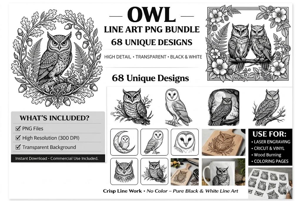 Owl Line Art PNG Bundle, 50+ Detailed Designs, Laser Engraving, Cricut (Digital Download)