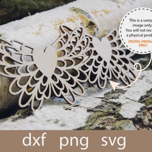May include: Two wooden cutouts of wings with a heart in the center. The wings are made of intricate, layered circles. The cutouts are on a light brown, textured surface. This is a digital product only.