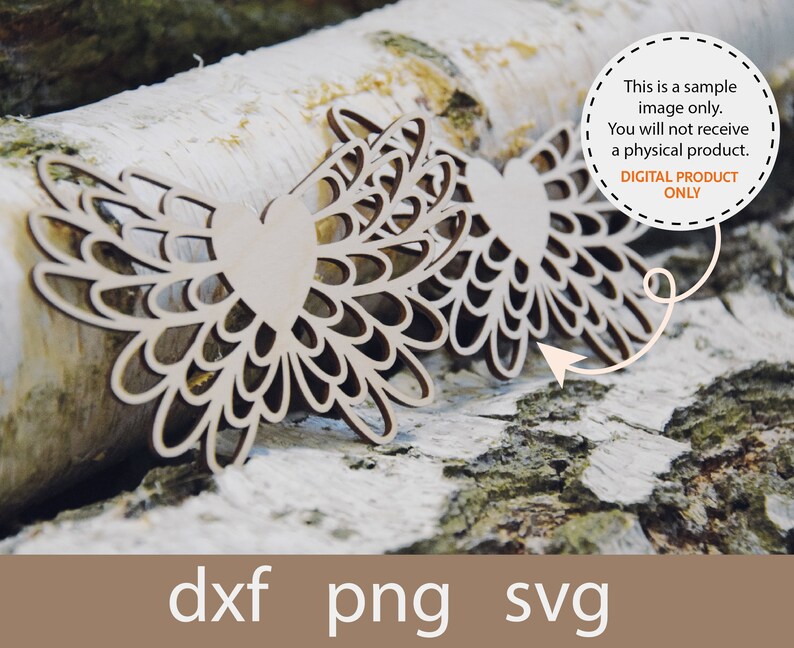 May include: Two wooden cutouts of wings with a heart in the center. The wings are made of intricate, layered circles. The cutouts are on a light brown, textured surface. This is a digital product only.