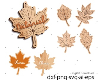 Etiqueta con nombre de hoja y guirnalda de otoño Archivos digitales para corte láser