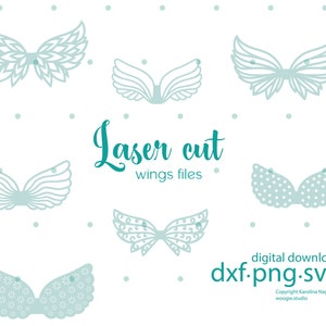 Könnte beinhalten: Ein Satz von sechs digitalen Schnittdateien zum Laserschneiden von Flügeln. Die Dateien sind in den Formaten dxf, png und svg verfügbar. Die Flügel sind in hellblau und haben verschiedene Designs, darunter einfache Flügel, Flügel mit Punkten und Flügel mit einem Blumenmuster. Der Text "Laser cut wings files" ist in türkisgrün geschrieben.
