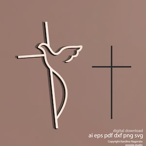 May include: A digital download image featuring two religious symbols. One is a cross with a dove, and the other is a simple cross. The image is in white and black on a brown background. Text at the bottom reads "digital download" and file types.