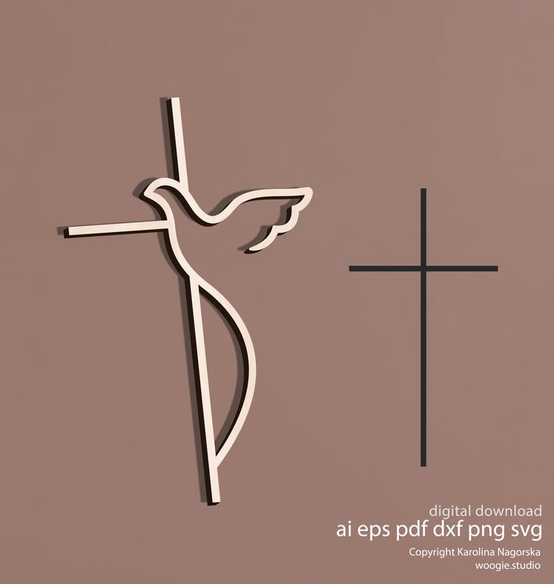 May include: A digital download image featuring two religious symbols. One is a cross with a dove, and the other is a simple cross. The image is in white and black on a brown background. Text at the bottom reads "digital download" and file types.