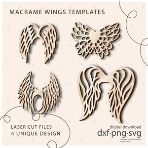 Peut inclure: Quatre modèles de téléchargement numérique pour la découpe au laser d'ailes en macramé. Les motifs comprennent deux paires d'ailes et une forme de papillon avec un cœur au centre.