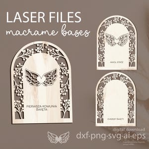 Könnte beinhalten: Lasergeschnittene Makramee-Basen aus Holz mit bogenförmigem Design. Die Basen weisen ein Schmetterlings- oder Engelsflügelmotiv und florale Akzente auf. Der Text enthält "LASER FILES macrame bases", "PIERWSZA KOMUNIA ŚWIĘTA", "ANIOL STRÓZ" und "CHRZEST ŚWIĘTY".