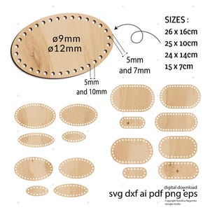 Puede incluir: Bases de bolso ovaladas de madera con agujeros preperforados para proyectos de ganchillo o tejido. Los tamaños varían de 15 x 7 cm a 26 x 16 cm. La imagen incluye dimensiones en milímetros y centímetros, y el texto "SIZES:" es visible.