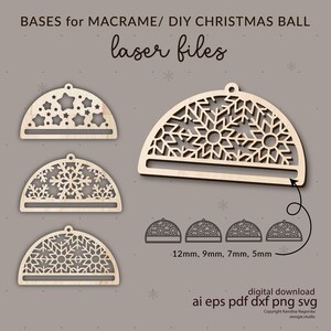 May include: Laser-cut wooden bases for macrame or DIY Christmas ball decorations. Designs include star and snowflake patterns, with sizes from 5mm to 12mm. The text "laser files" is displayed at the top.