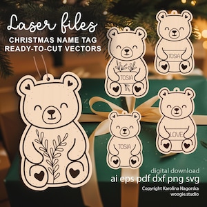 Puede incluir: Etiquetas navideñas de madera con forma de oso con los textos "TOSIA" y "LOVE". Las etiquetas son vectores listos para cortar, con una descarga digital disponible en varios formatos de archivo. El diseño presenta corazones y detalles botánicos.