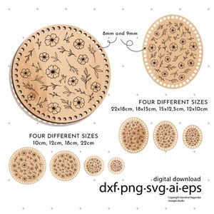 May include: Wooden bases for crochet projects, featuring floral designs and pre-drilled holes. The image shows various sizes, including 10cm, 12cm, 18cm, and 22cm round bases, and oval bases of 22x18cm, 18x15cm, 15x12.5cm, and 12x10cm. The text says "digital download".