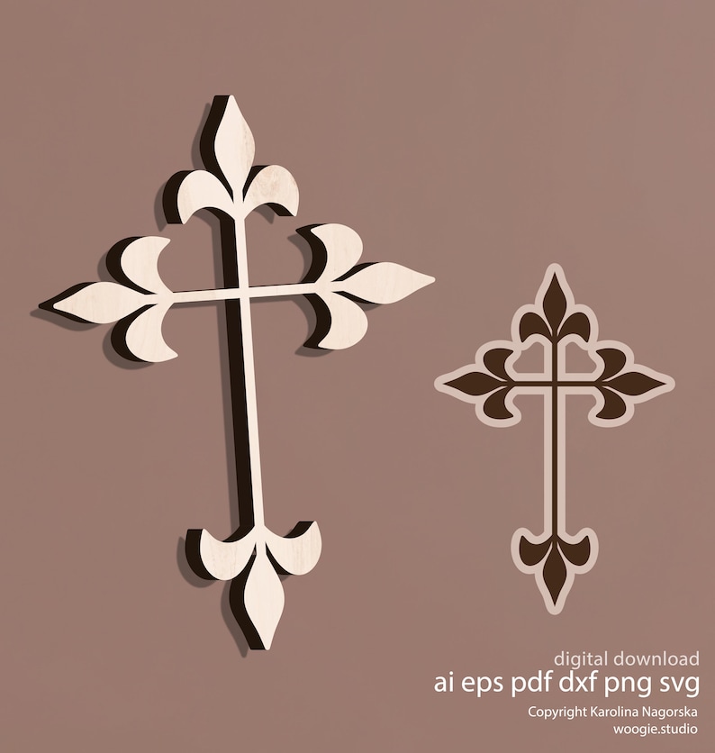 May include: Two decorative wooden crosses with ornate, stylized designs. One cross is larger, with a light wood color and dark shadow, while the other is smaller with a brown outline. The background is a muted brown.