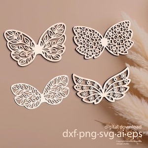 May include: Four laser-cut wooden butterfly wing designs. Each wing set features intricate patterns of leaves and flowers. The image includes the text "digital download dxf.png.svg.ai.eps".