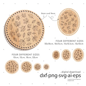 May include: A digital download featuring wooden bases with leaf designs for crafting. The image shows round and oval bases in various sizes, including 10cm, 12cm, 18cm, and 22cm, and 12x10cm, 15x12.5cm, 18x15cm, and 22x18cm. The bases have pre-drilled holes for stitching.