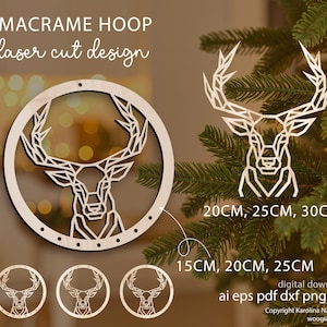 May include: A laser-cut wooden macrame hoop featuring a geometric deer design. The design is available in various sizes, including 15cm, 20cm, 25cm, and 30cm. The text "MACRAME HOOP laser cut design" is displayed at the top.