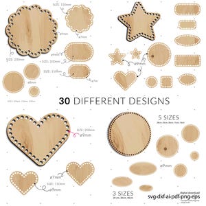 Könnte beinhalten: 30 verschiedene Holzformen für Bastelprojekte. Die Formen umfassen Herzen, Sterne, Kreise und Ovale. Die Formen sind in 5 Größen erhältlich: 29 cm, 25 cm, 20 cm, 15 cm und 10 cm. Die Formen sind auch in 3 Größen erhältlich: 20 cm, 30 cm und 40 cm.