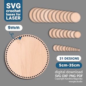 May include: A collection of 31 circular wooden crochet bases for laser cutting, featuring pre-drilled holes along the edges. The set includes various sizes ranging from 5cm to 35cm, with a 9mm hole spacing. Digital download files include SVG, DXF, PNG, and PDF formats.