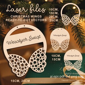 Könnte beinhalten: Lasergeschnittene Weihnachtsornamente aus Holz in Flügelform, mit Sternaussparungen und dem Text "Wesołych Świąt". Größen: 10cm, 15cm, 20cm und 25cm. Fertige Vektoren zum Selbermachen.