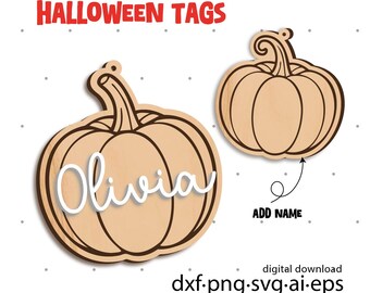 May include: Two wooden pumpkin-shaped Halloween tags. One tag has the name "Olivia" in white script. The other tag has the text "Add Name" with an arrow. The words "Halloween Tags" are in red.