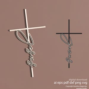 May include: Two crosses with the word "Jesus" in a cursive font. One cross is white with a black outline and the other is black. The background is a solid brown color.