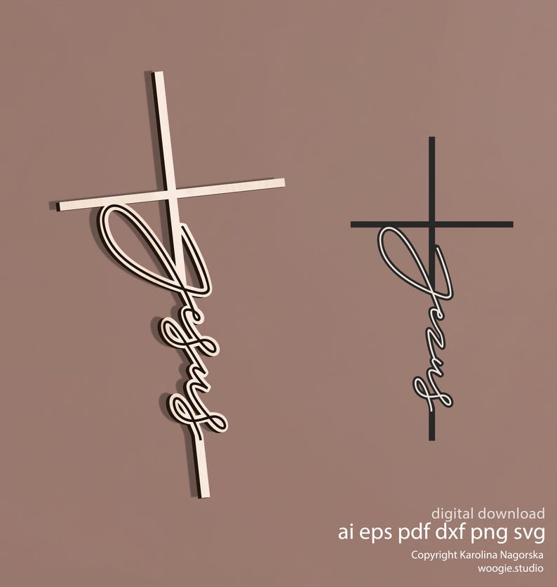 May include: Two crosses with the word "Jesus" in a cursive font. One cross is white with a black outline and the other is black. The background is a solid brown color.
