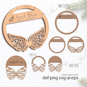 Könnte beinhalten: Holzornamente mit Engelsflügeln und den Texten "Aniol Stróz Naszej Rodziny" und "Wesołych Świat". Das Bild zeigt verschiedene Größen und Stile, darunter kreisförmige Designs und Flügelausschnitte, als digitaler Download verfügbar.