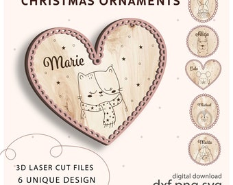 Adornos navideños 3D: Archivos de animales cortados con láser (SVG, PNG, DXF)