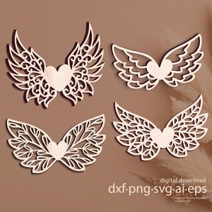 Könnte beinhalten: Vier lasergeschnittene Holz-Engelsflügel-Designs mit Herzmitteln. Die Flügel weisen komplizierte Muster auf und werden auf einem braunen Hintergrund dargestellt. Das Bild enthält den Text "digitaler Download" und Dateitypoptionen.