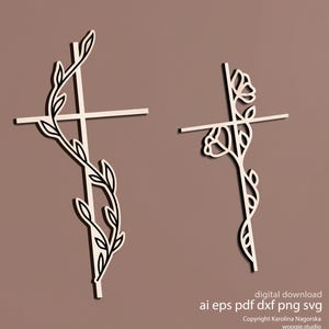 May include: Two decorative crosses with floral and leaf designs. The crosses are white with black outlines, and the background is a solid brown color. The text "digital download" and file type options are visible at the bottom.