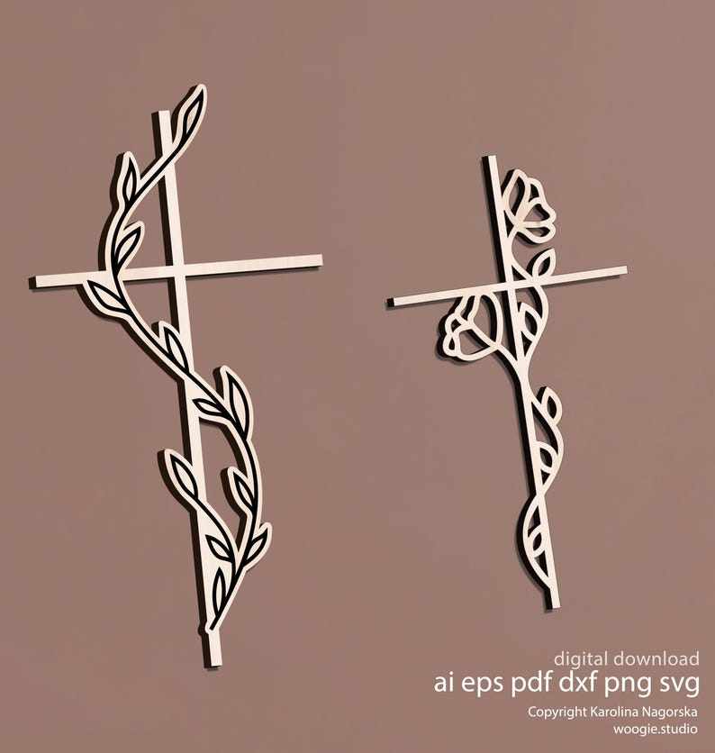 May include: Two decorative crosses with floral and leaf designs. The crosses are white with black outlines, and the background is a solid brown color. The text "digital download" and file type options are visible at the bottom.