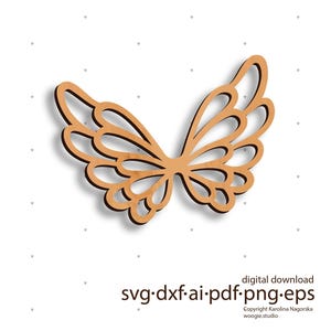 May include: A wooden butterfly wing design with a layered effect, featuring a light brown color and a dark brown outline. The image includes the text "digital download" and file type options: SVG, DXF, AI, PDF, PNG, and EPS.