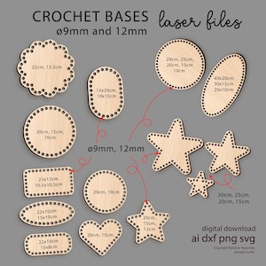 Puede incluir: Bases de ganchillo de madera cortadas con láser en varias formas, incluyendo círculos, óvalos y estrellas. Los tamaños varían de 20cm a 40cm. La imagen incluye el texto "CROCHET BASES laser files".