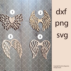 May include: Four different designs of angel wings, cut from wood. The wings are in various styles, with some having a heart shape in the center. The designs are numbered 1 through 4.