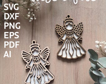Archivos de corte láser para adornos de ángeles navideños: Diseños SVG (Descarga digital)