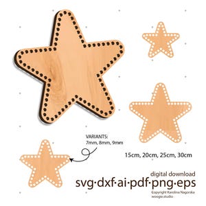 Peut inclure: Téléchargement numérique d'une étoile à cinq branches avec une bordure en pointillés. L'étoile est disponible en différentes tailles : 7 mm, 8 mm, 9 mm, 15 cm, 20 cm, 25 cm et 30 cm. Les formats de fichiers inclus sont SVG, DXF, AI, PDF, PNG et EPS.
