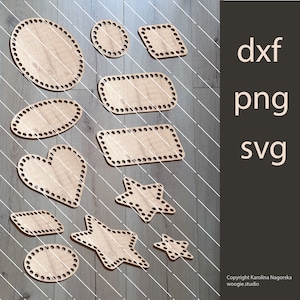 以下が含まれることがあります： 点線の縁取りがされた木製の形が10個セットになっています。形には、円、楕円、ハート、星、長方形が含まれています。形は木目調の背景の上にあります。 dxf png svg