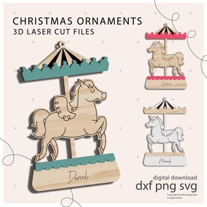 May include: Wooden Christmas ornaments featuring carousel horses. The ornaments have a light wood finish with teal and pink accents. The text "CHRISTMAS ORNAMENTS" and "3D LASER CUT FILES" are displayed at the top. The names "Danel", "Gosia", and "Marek" are also visible.