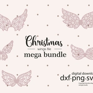 Pode incluir: Um gráfico de download digital com vários pares de asas de anjo decorativas em um tom rosa suave. As asas apresentam designs recortados intrincados, incluindo padrões de flocos de neve e estrelas. O texto "Christmas wings file mega bundle" também está incluído.