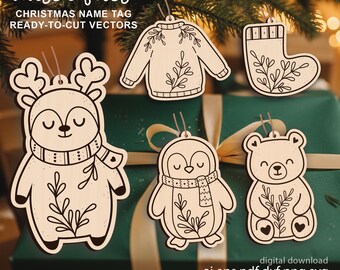 Conjunto de archivos de etiquetas navideñas con nombres cortadas con láser (descarga digital)