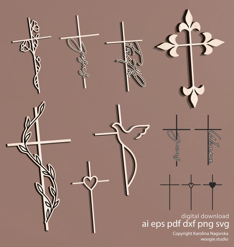 May include: A collection of white crosses in various designs, including floral, script, and heart motifs. Some crosses feature the words "Jesus" and "Faith". The image also includes the text "digital download" and file type options.
