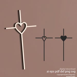 May include: Three crosses with heart designs. The largest cross is off-white with a heart cutout. Two smaller black crosses feature heart shapes, one outlined and one solid. The image includes the text "digital download" and file type options.