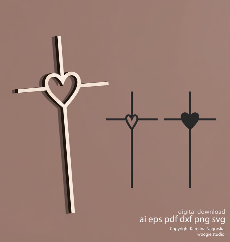 May include: Three crosses with heart designs. The largest cross is off-white with a heart cutout. Two smaller black crosses feature heart shapes, one outlined and one solid. The image includes the text "digital download" and file type options.